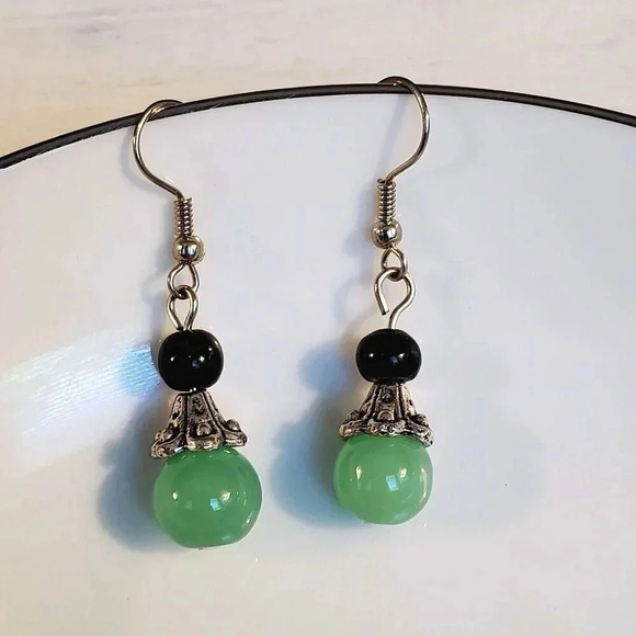 Eclectic Black Light Green Glass Bead Antiqued Silver Fancy Bead Cap Earrings - Picture 6 of 6